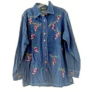 Silver Threads Wine Med Embroidered Jean ButtonUp Blouse Boho‎ Grape Vineyard